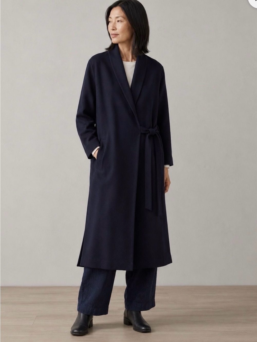 Eileen Fisher Navy Wool Collared Wrap Shawl Coat